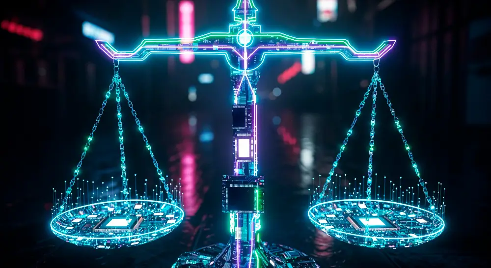 A imagem mostra o símbolo do Direito feito com códigos para representar a tecnologia no setor jurídico